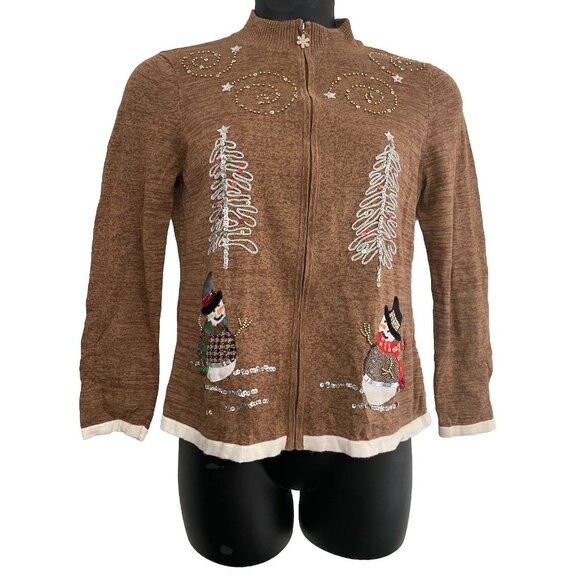 Mercer Street Studio Brown Size M Zip Up Ugly Christmas Cardigan Snowman Beaded - Picture 1 of 11